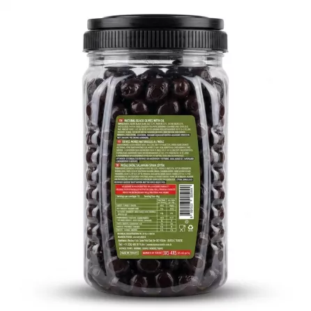 Enhanced Back label and nutrition information of Marbir Natural Black Olives with Oil jar