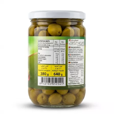 Enhanced Back view showing nutritional facts and weight of Green Gardens Valley Green Olives With Thyme jar