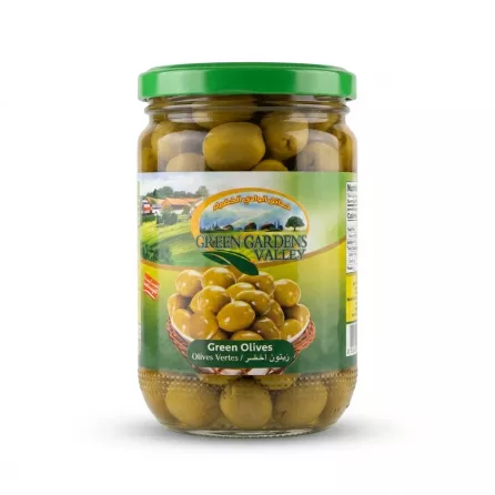 Enhanced Front view of Green Gardens Valley Green Olives jar, 640g with green lid