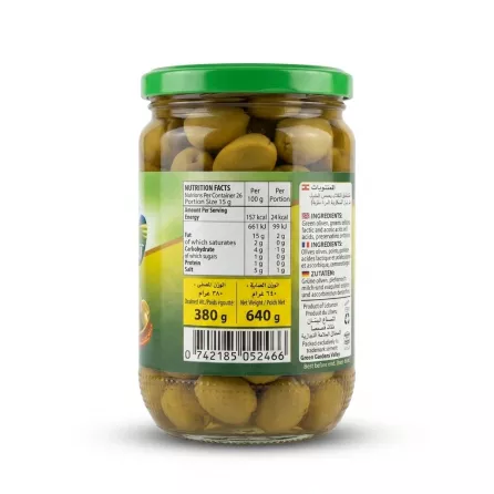 Enhanced Back nutrition facts label of Green Gardens Valley Green Olives 640g jar