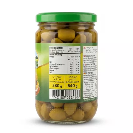 Enhanced Back view showing nutrition and barcode on Green Gardens Valley Green Olives jar