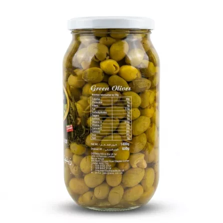 Enhanced Back of Al Dayaa Green Olives jar showing nutritional information and distributor details