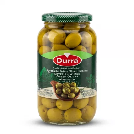 Enhanced Front of Durra Egyptian Whole Green Olives jar