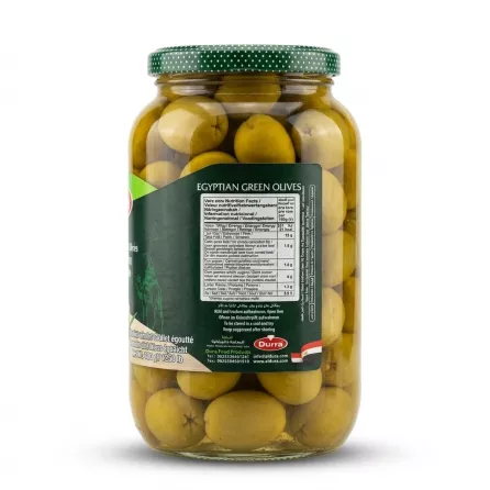 Enhanced Back nutrition facts of Durra Egyptian Whole Green Olives jar