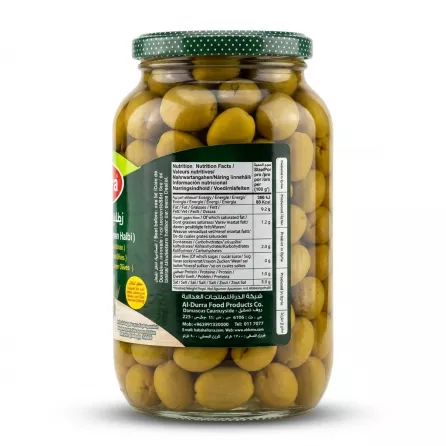 Enhanced Back label with nutrition facts on Durra Whole Green Olives Halbi jar
