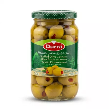 Enhanced Front view of Durra Stuffed Olive with Pepper jar 700g
