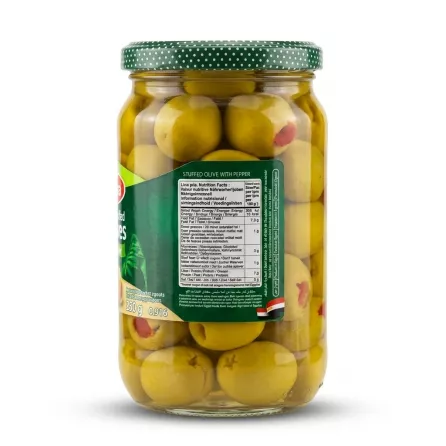 Enhanced Side view showing nutrition information and olives in Durra jar