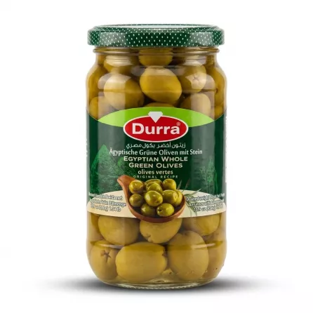 Enhanced Front view of Durra Egyptian Whole Green Olives jar 1450g