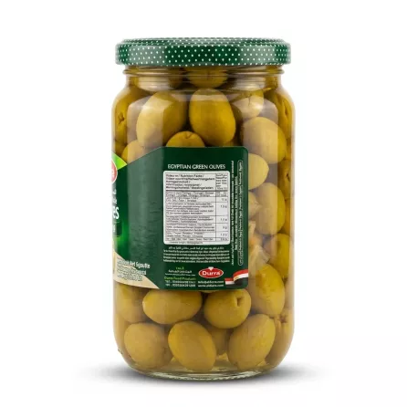 Enhanced Back nutrition label of Durra Egyptian Whole Green Olives jar