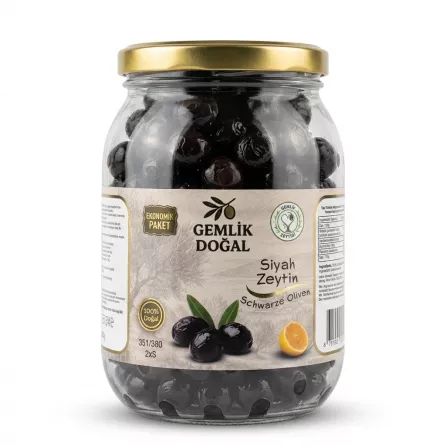 Enhanced 900g jar of Gemlik Doğal Siyah Zeytin black olives with gold lid
