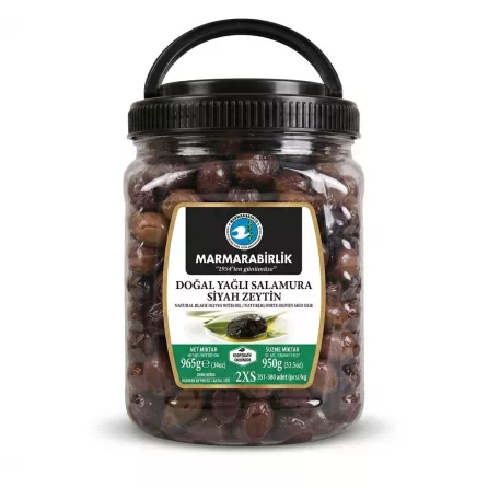 Enhanced Front view of Marmarabirlik Natural Black Olives 965g jar