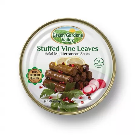 Enhanced Top view of stuffed grape leaves arranged with lemon and pomegranate on can label