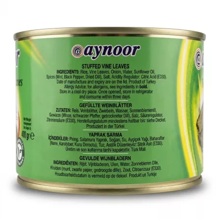 Enhanced Ingredients list and multi-language label on Aynoor Stuffed Vine Leaves tin