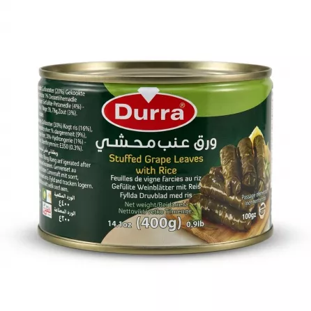 Enhanced Front view of Durra Stuffed Grape Leaves with Rice 400g tin in hand