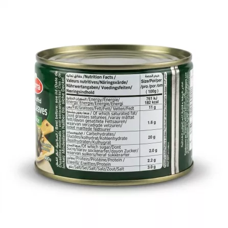 Enhanced Nutrition facts label on Durra Stuffed Grape Leaves with Rice 400g tin