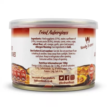 Enhanced Back of Bodrum Fried Aubergines can showing ingredients and nutritional values