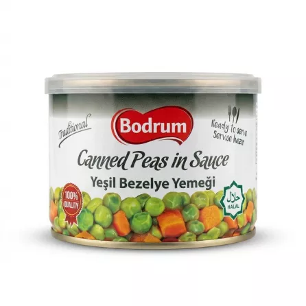Enhanced Front view of Bodrum Canned Peas in Sauce 400g tin