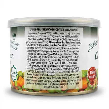 Enhanced Ingredients and nutrition label of Bodrum Canned Peas in Sauce