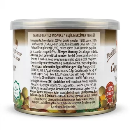 Enhanced Back of Bodrum Canned Lentils in Sauce tin showing detailed ingredients and nutritional information