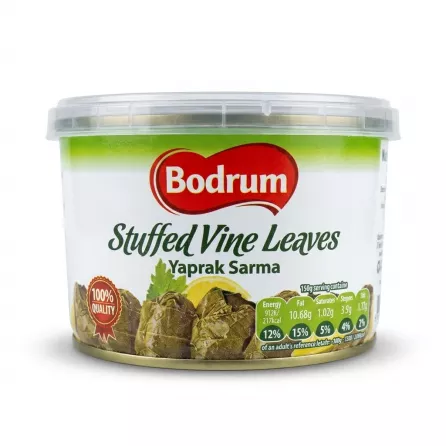 Enhanced Front view of Bodrum Stuffed Vine Leaves 400g tub held in hand