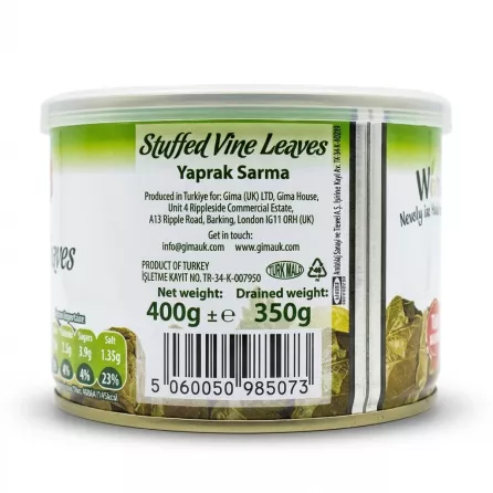 Enhanced Back label showing barcode and product information on Bodrum Stuffed Vine Leaves