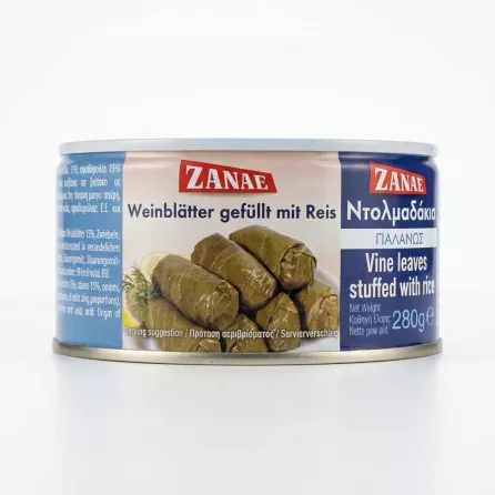 Enhanced Front view of Zanae Dolmades vine leaves stuffed with rice can