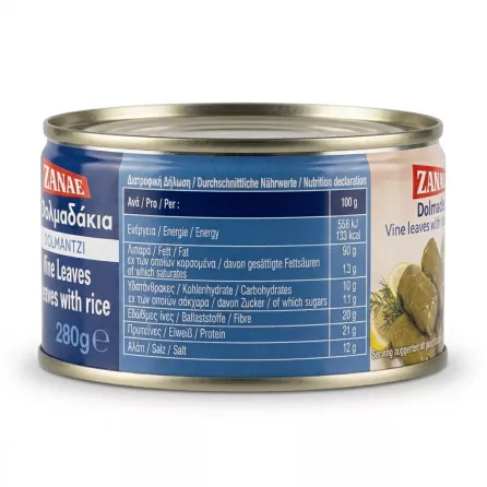 Enhanced Nutrition facts of Zanae Dolmades vine leaves stuffed with rice can