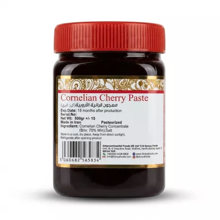 Enhanced Back label of Donya Cornelian Cherry Paste 500g jar showing ingredients and barcode