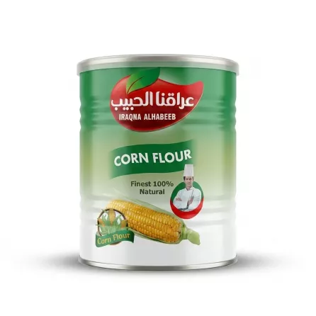 Enhanced Front view of Iraqna Al Habeeb Corn Flour tin, green and white design