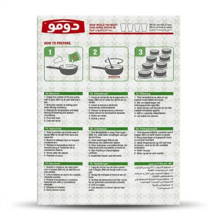 Enhanced Back of Domo Mohalabia box with preparation instructions in multiple languages