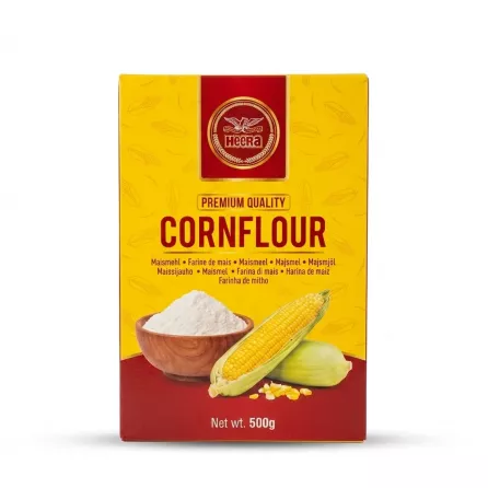 Enhanced Front of Heera Premium Quality Cornflour 500g box with corn and bowl of cornflour