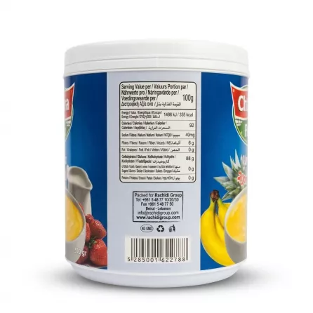 Enhanced Chtoura Fields Custard Powder Vanilla 300g tub back nutritional information and barcode