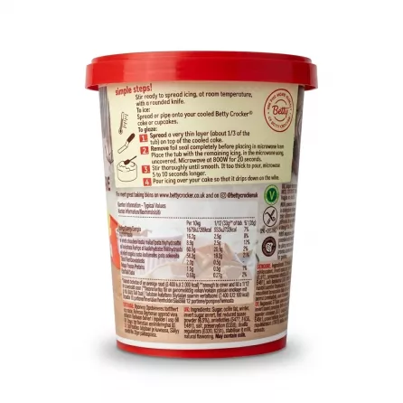 Enhanced Betty Crocker Chocolate Fudge Icing instructions and nutritional information