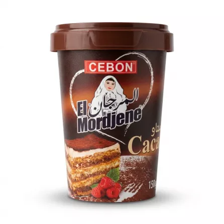 Enhanced Front of Cebon El Mordjene Pure Cacao Powder 150g tub with chocolate cake