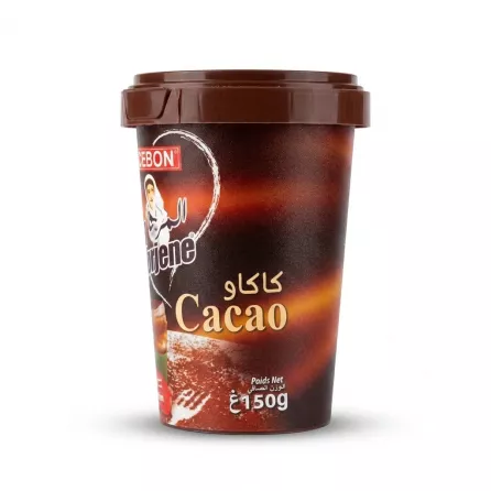 Enhanced Side view of Cebon El Mordjene Cacao Powder 150g tub showing product weight