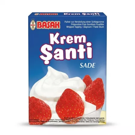 Enhanced Basak Krem Şanti Sade whipped topping box front with strawberries