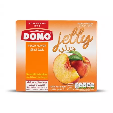 Enhanced Front of DOMO Peach Flavour Jelly Dessert 85g box held in store aisle