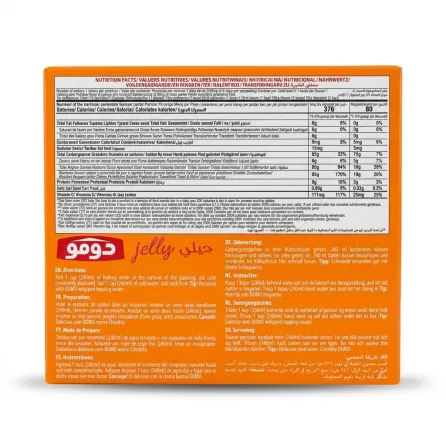 Enhanced Back of DOMO Peach Flavour Jelly Dessert box showing nutritional facts and directions