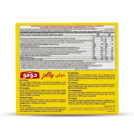 Enhanced Back of DOMO Lemon Flavour Jelly Dessert box with preparation and nutrition facts