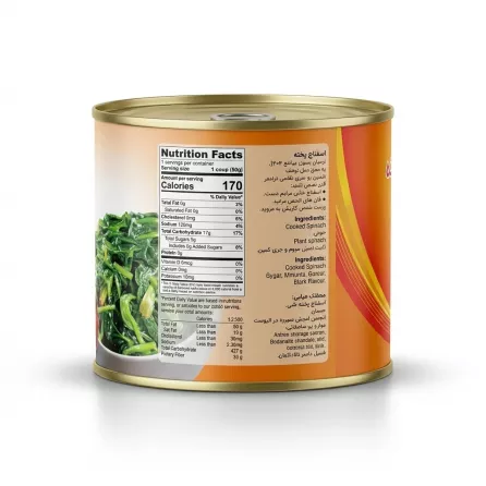 Enhanced Back view of Anjoman cooked spinach can showing nutritional label and spinach image