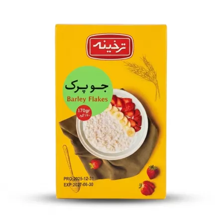 Enhanced Front of Tarhkhineh Barley Flakes 170g box with serving suggestion