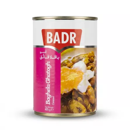 Enhanced Front of Badr Baghela Ghatogh canned 420g product showing label and beans with egg image