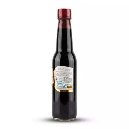 Enhanced Dadfar Pomegranate Paste 360g bottle back label with ingredients and certifications