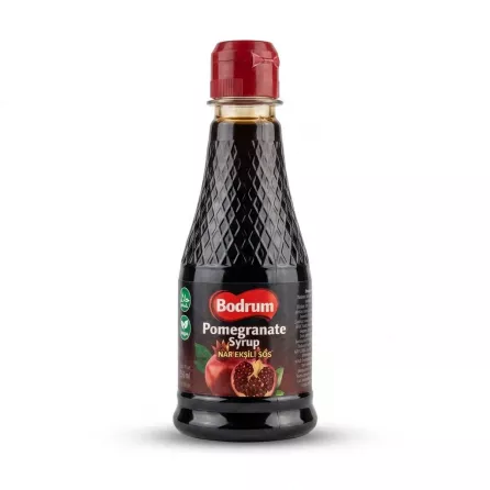 Enhanced Front view of Bodrum Pomegranate Syrup 250ml bottle held in hand