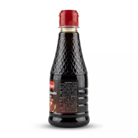 Enhanced Back view displaying ingredients and nutritional information of Bodrum Pomegranate Syrup 250ml bottle