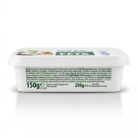 Enhanced Side view of Kolios Bio-Organic Feta cheese pack showing weight and description