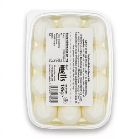 Enhanced Back of Melis Labneh Cheese Balls Classic showing cheese balls and label