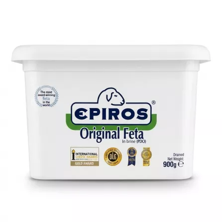 Enhanced Top view of Epiros Original Feta Cheese tub showing brand and product details