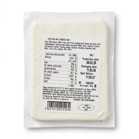 Enhanced Back of Epiros Original Feta Reduced Salt cheese pack with nutrition information and barcode