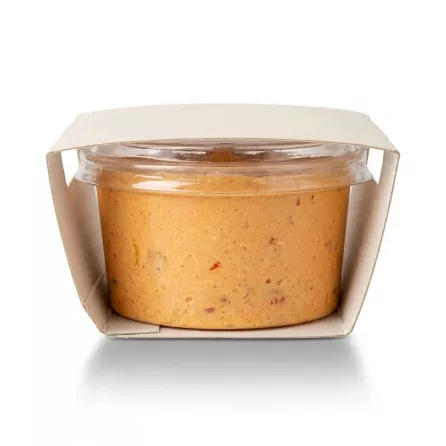 Enhanced Side view of opened Paltsidis Greek Feta & Red Pepper Dip 200g tub